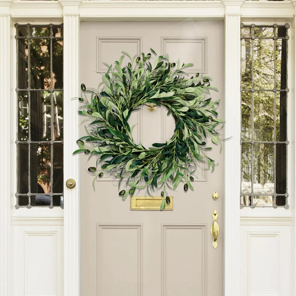 45cm Artificial Green Olive Wreath Greenery Wreath with Olive Leaves Olive Bean for Front Door Farmhouse Home Wall Window Decor