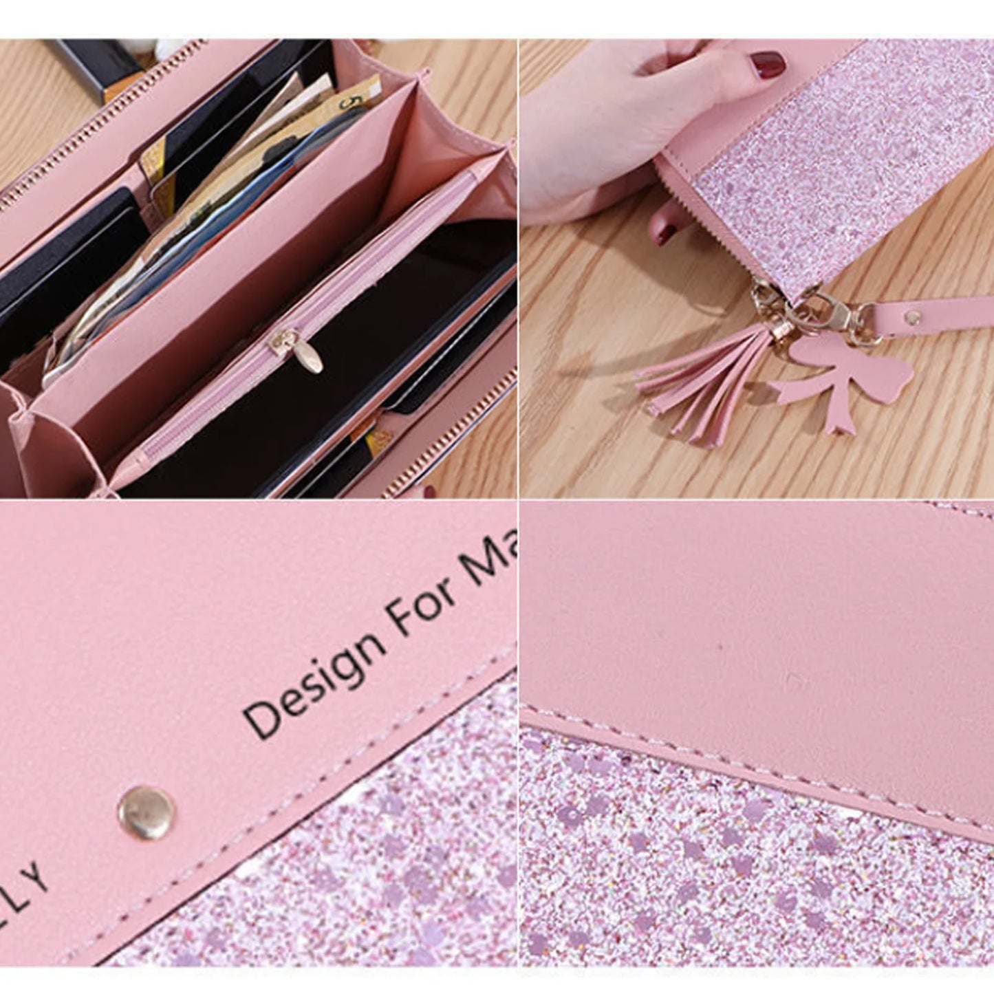 Hemasa Women's Pu Leather Long Wallets Glitter Letter Wallets Female Pu Leather Coin Purses Ladies Card Holder Clutch Bag Girls Gifts