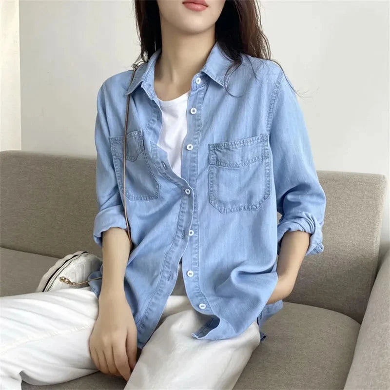 Hemasa Spring Autumn Women Soft Denim Shirt Coat Female Loose Fit Fashion Jeans Cardigan Blouse Jacket