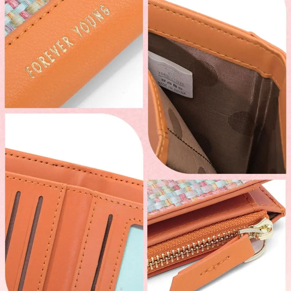 Small Short Wallet New Snap Button Pu Leather Coin Purse Woven Pattern Change Purse Female