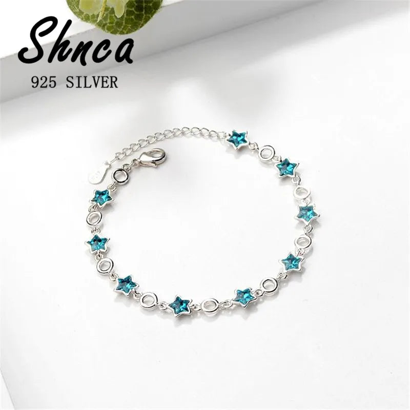 925 Sterling Silver Rhinestone Stars Charm Bracelets &Bangle For Women Girl Fine Jewelry Student Present XB109