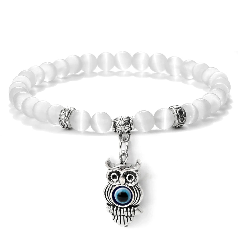 6 8mm Chakra Beads Men Bracelets Charm Owl Evil Eye Pendant Classic Tiger Eye Stone Agate Quartz Malachite Women Yoga Jewelry