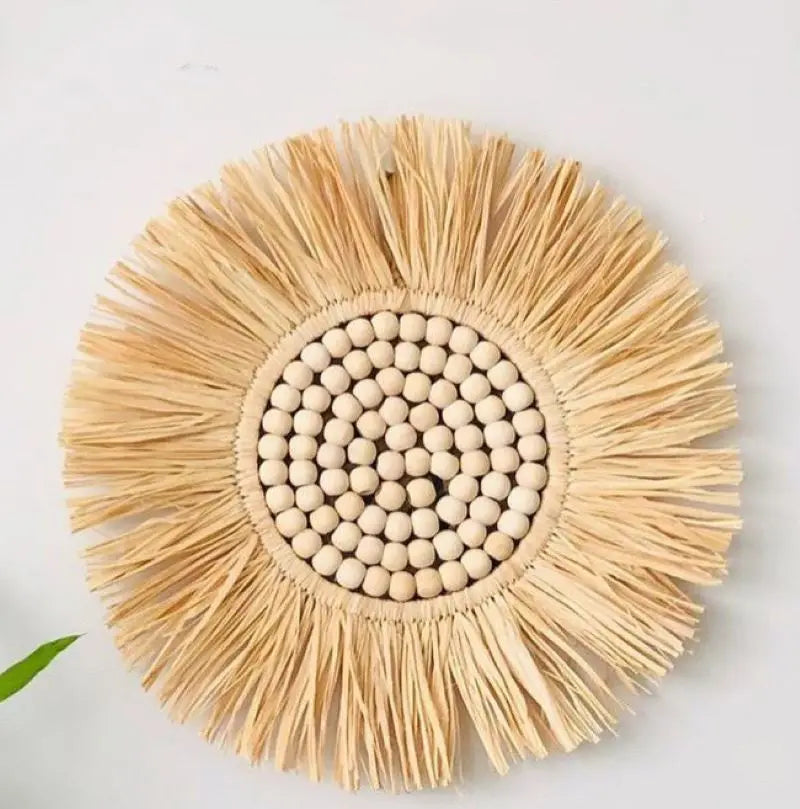 INS Moroccan Wood Bead Straw Woven Mirror Wall Ornaments Living Room Background Bedroom Mirrors Boho Homestay Home Decor Crafts