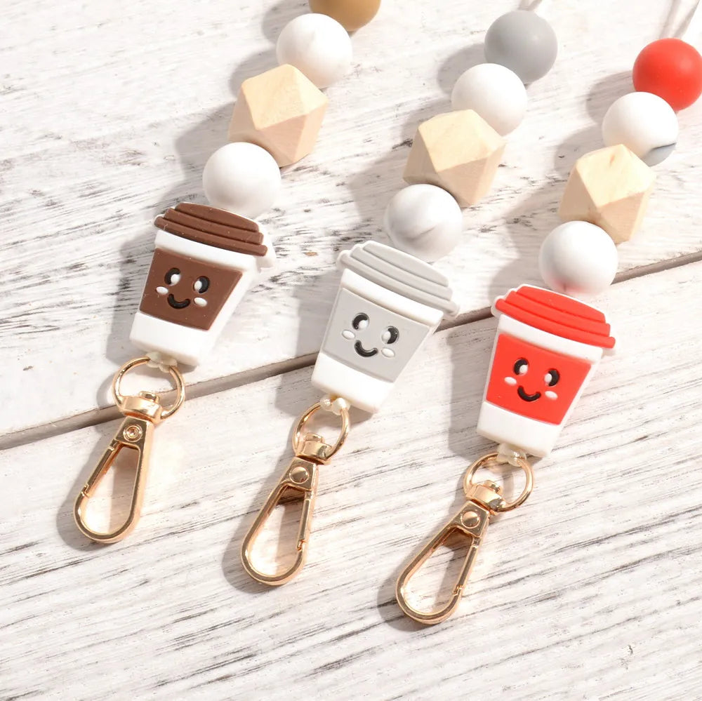 Hemasa Cute Teacher Coffee Lover Cup Tea Silicone Bead Lanyard Fueled By Charm Badge ID holder Handmade Keychain Lanyard Gift for her
