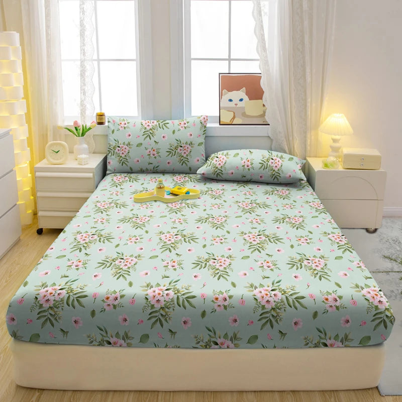 1 Simple Modern Plant Flower Printed Matte Fitted Sheet, Bedroom Printed Bed Cover, Bedding (Excluding Pillowcases)