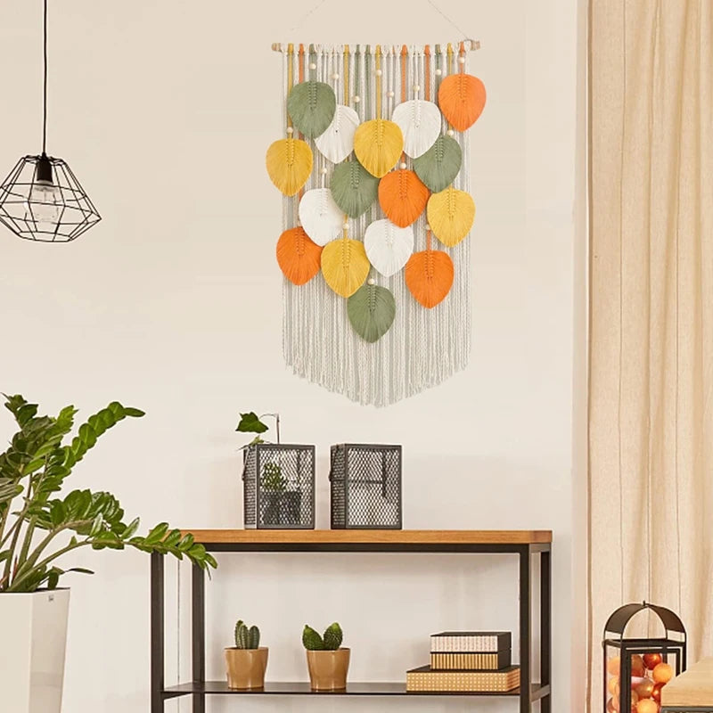 Macrame Tapestry Wall Hanging - Hand Woven Boho Tapestry Fall Leaves Wall Decor, For Bedroom Living Room Dorm