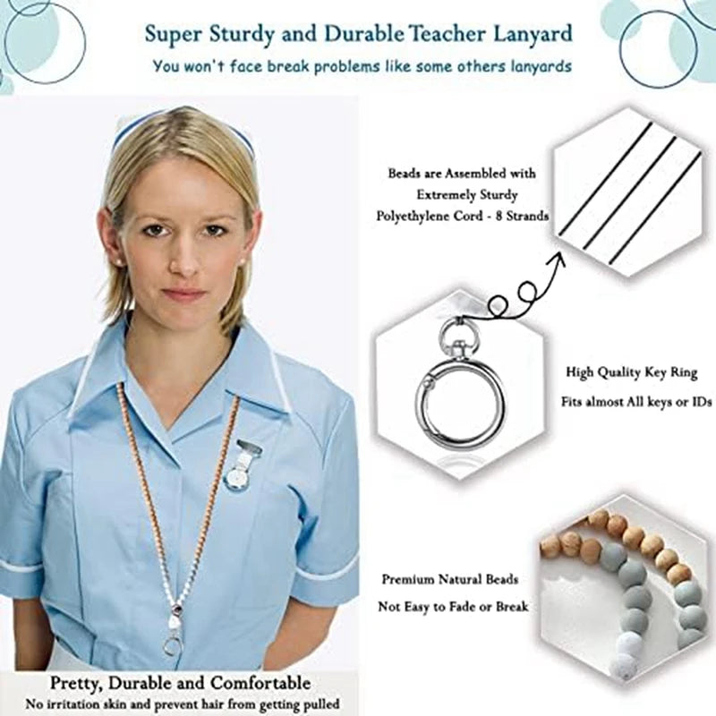 ID Badge Key Lanyard Silicone Wood Bead Lanyard Necklace School Office Work Jewelry