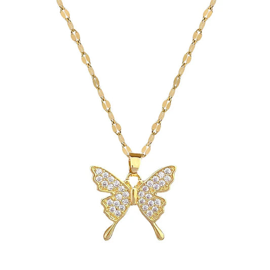 OIMG 316L Stainless Steel Gold Plated Charm Rhinestone Butterfly Pendant Neckalce For Women Girls Wedding Party Elegant Jewelry