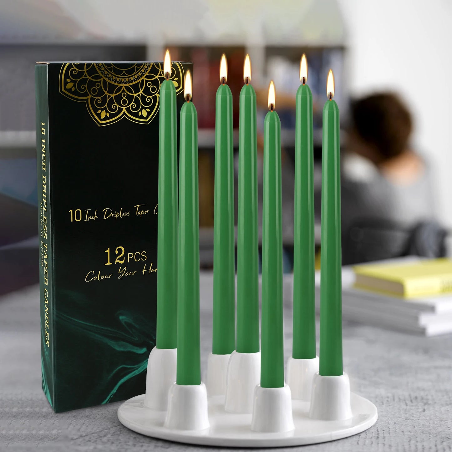 Hemasa 12 Pcs 10inch Green Rod Wax, Drip-Free, Smoke-Free, Fragrance-Free, Home Dinner Candle