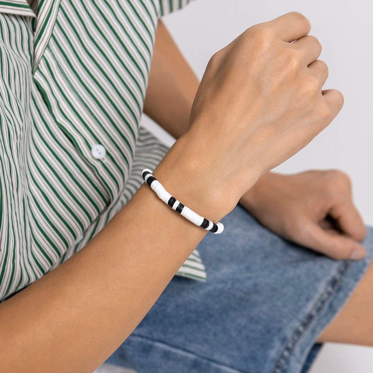 Hemasa White/Black Flat Polymer Clay   Bracelet for  Women Jewellery