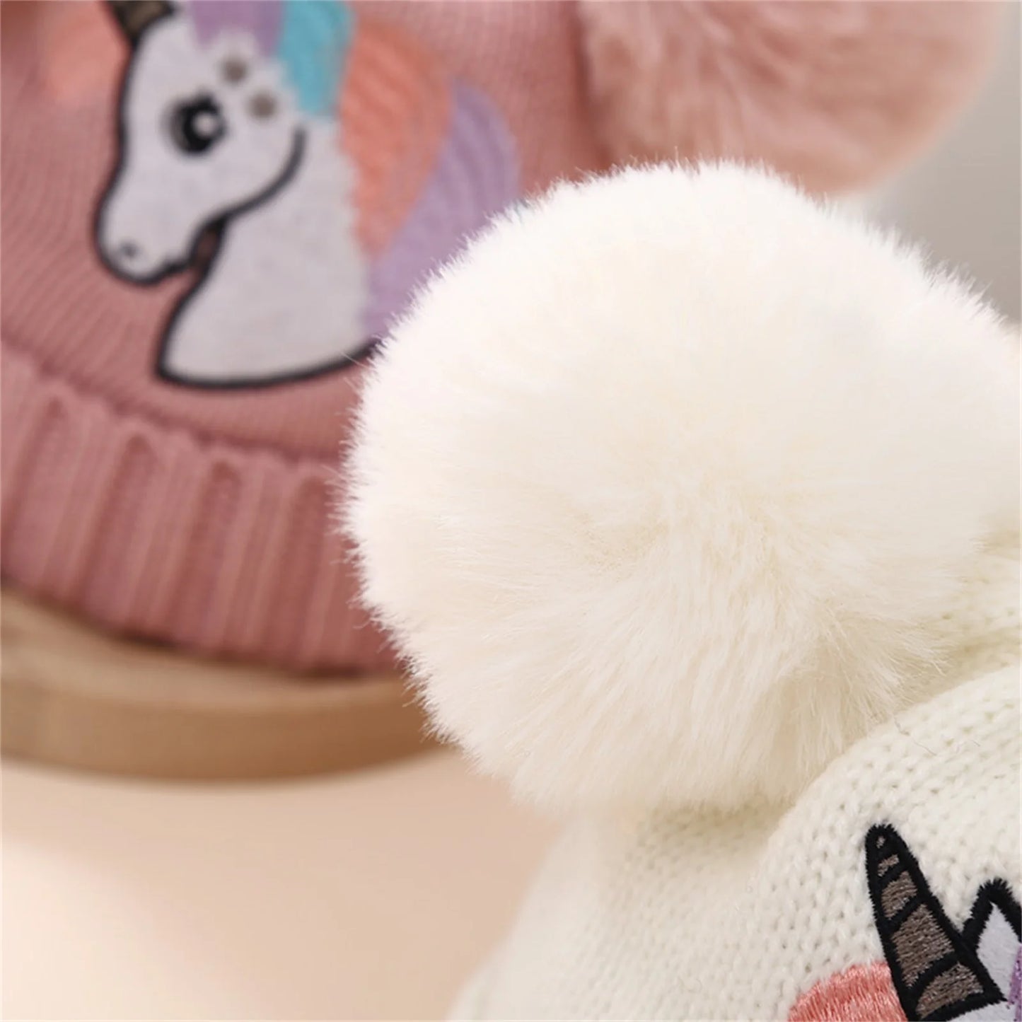 Pudcoco Kid Girls Knit Beanie, Soft Lightweight Embroidery Horse Winter Cap Toddler Beanie with Plush Balls 1-4T