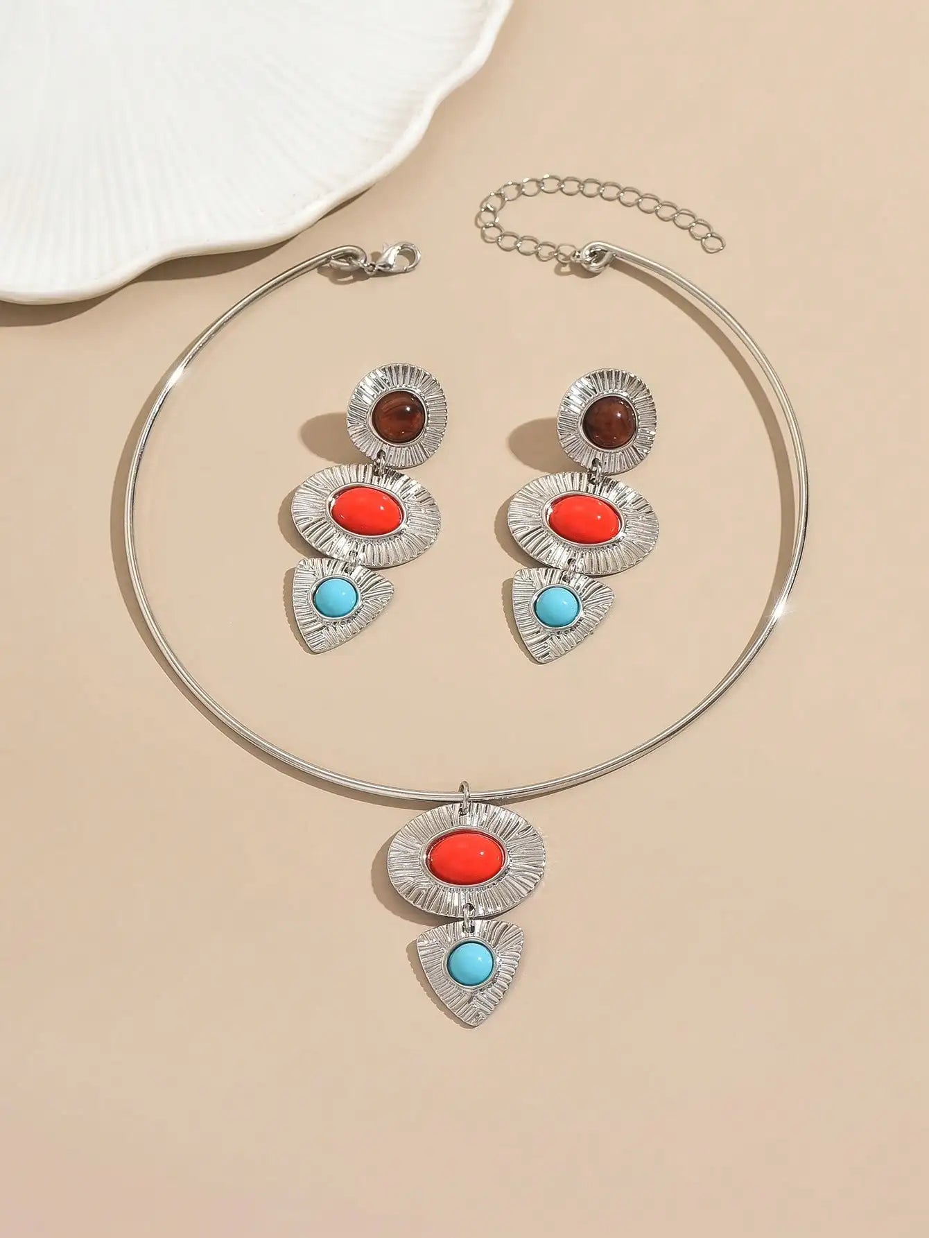 2-Piece Set Elegant Retro Geometric Enamel Embedded Hammered Metal Pendant Necklace And Earrings Jewelry Set for Ladies for Part