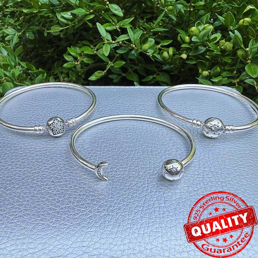 Hot Sale 925 Sterling Silver Celestial Sparkling Sun Moon Open Bangle Beautiful and Elegant Women Jewelry Gift