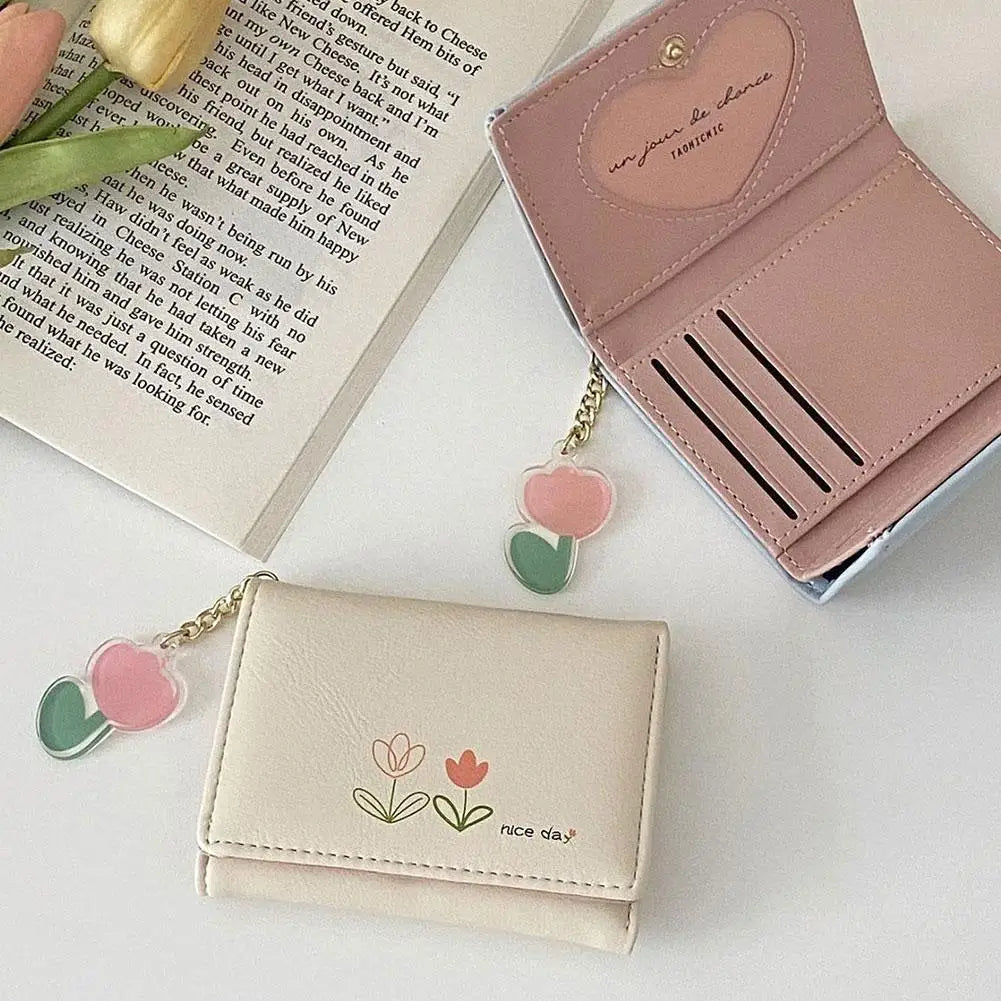 Small Wallet Tulip Short Wallet Student Triple Fold Card Holder Girl ID Bag Coin Purse Cute Wallets for Women Change Storage