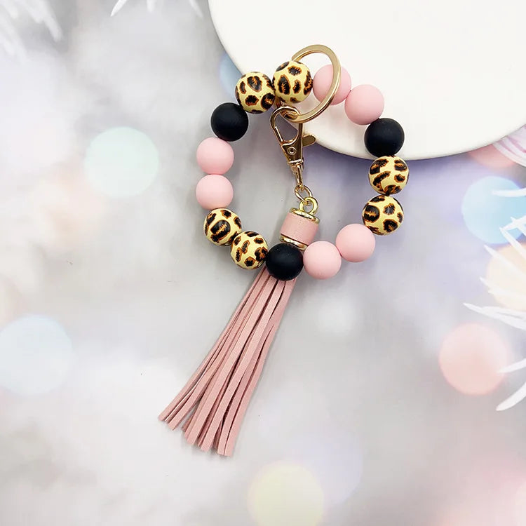 Leopard Print Acrylic Bead Bracelet, with PU Leather Tassels AndKeychain Bag Pendant, Women's Car Wrist Keyring