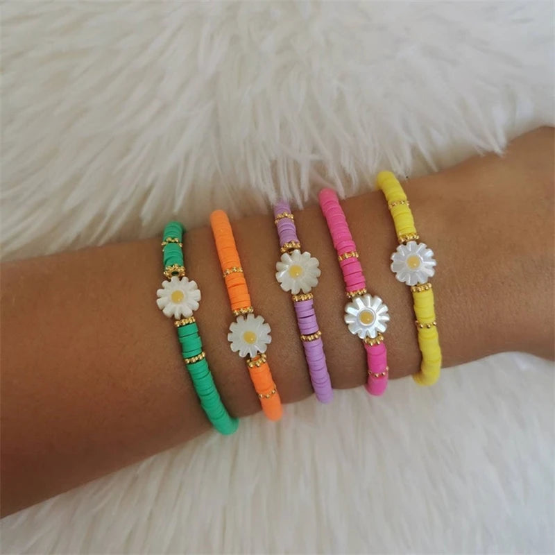 Hemasa Set of 5 Flower Daisy Bracelets Multicolor Heishi Bracelet for Women Boho Summer Jewelry Stack Polymer Clay Beads Elastic Pulseras
