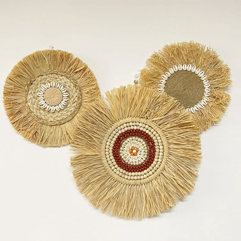 Natural Raffia Woven Bohemian Wall Decoration 30CM Round Wall Accents Handmade Scandinavian Hanging Decoration Boho Home Decor