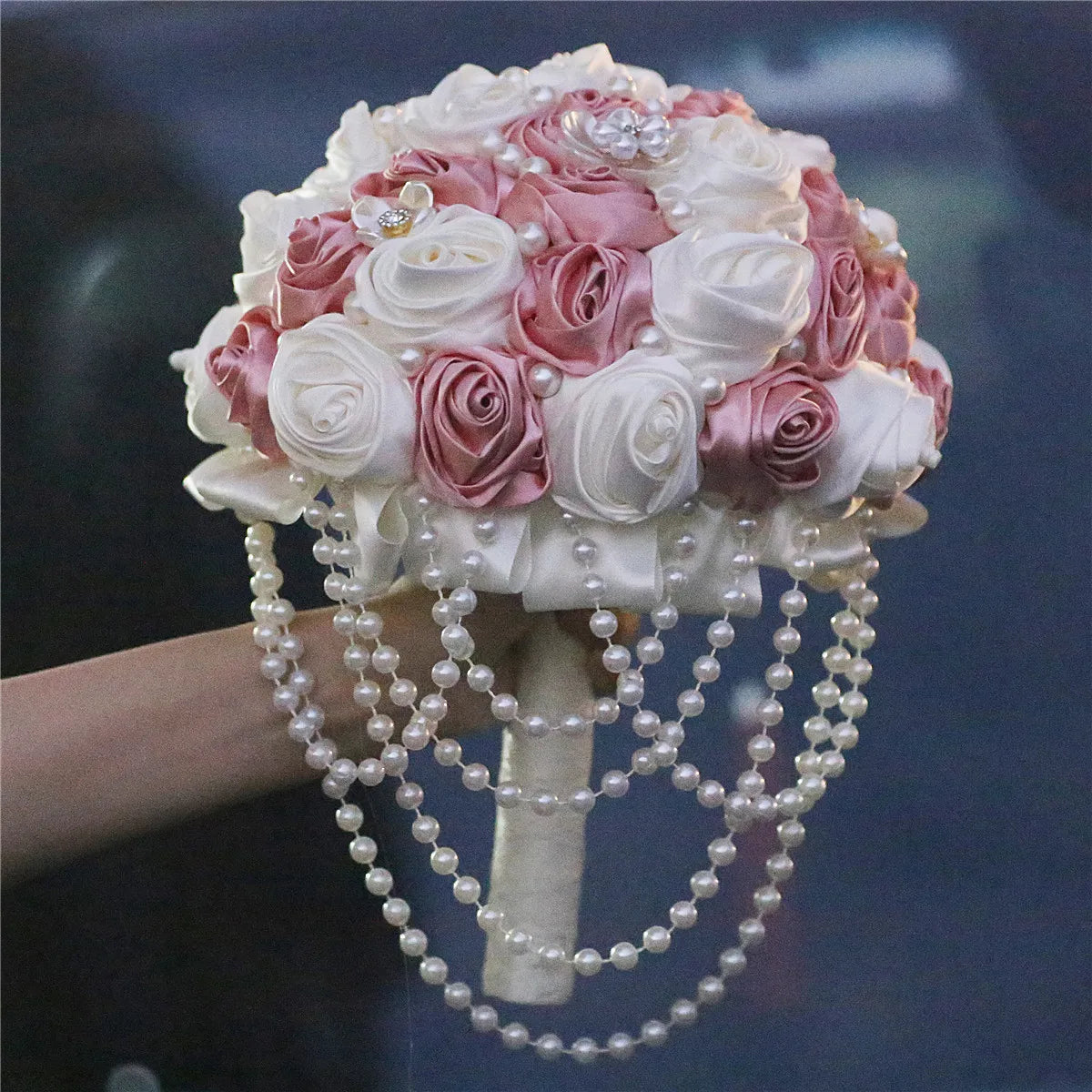 YeeNanee 8.6in Handcraft Creamy Rose Satin Rose Bridal Bouquet with Pearl Pendant for Bride Bridesmaid Wedding Quinceanera Decor