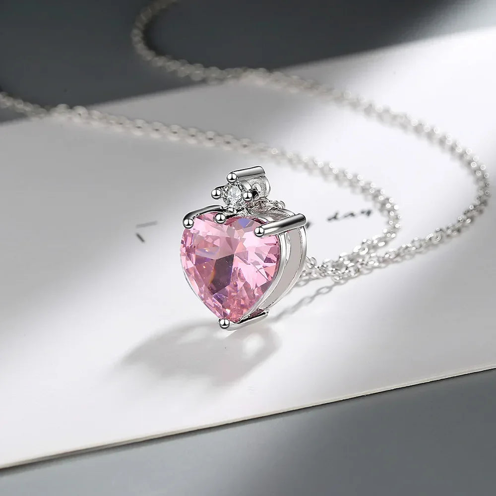 Hemasa 925 Sterling Silver  Diamond Heart-Shaped Pink Pendant Clavicle Chain Necklace (40cm +5.0cm)