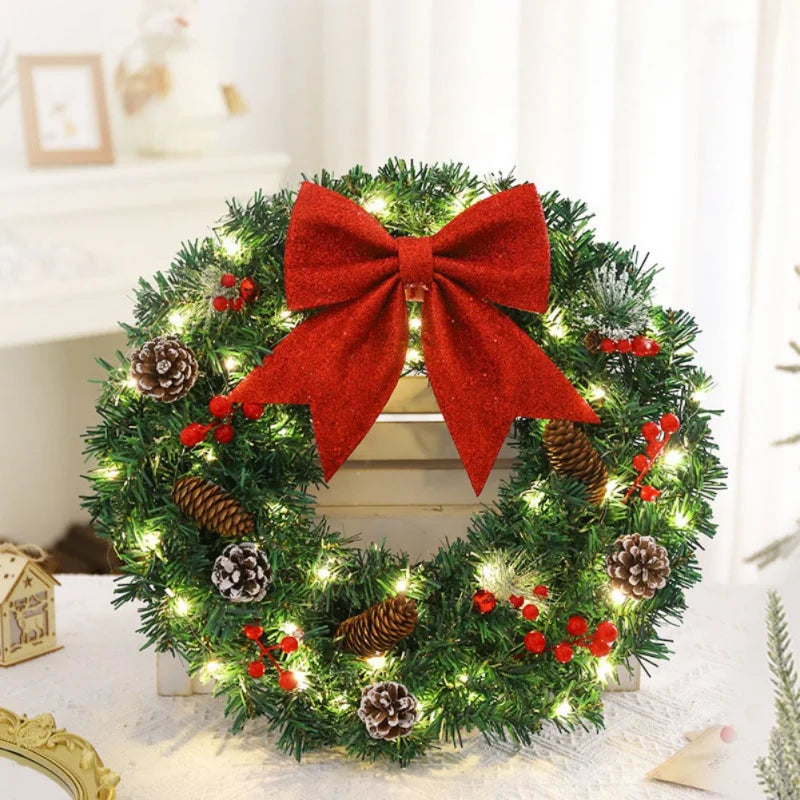 40/50/60cm LED Lights Rattan Vine Pine Cone Christmas Wreath New Year Xmas Garlands for Door Windows Wall Hanging Decor