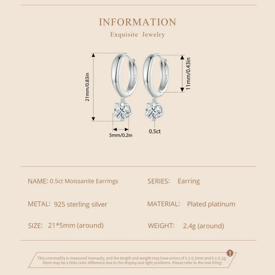 Bamoer 925 Sterling Silver 0.5CT Moissanite Ear Buckles Classic Hoop Earrings for Women Engagement Wedding Fine Jewelry Gift