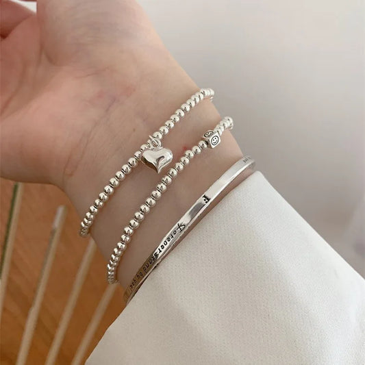 MEETSOFT 925 Sterling Silver Ball Heart Geometry Bracelets for Women Girl Minimalist Elegant Temperament  Fine Jewelry Gift