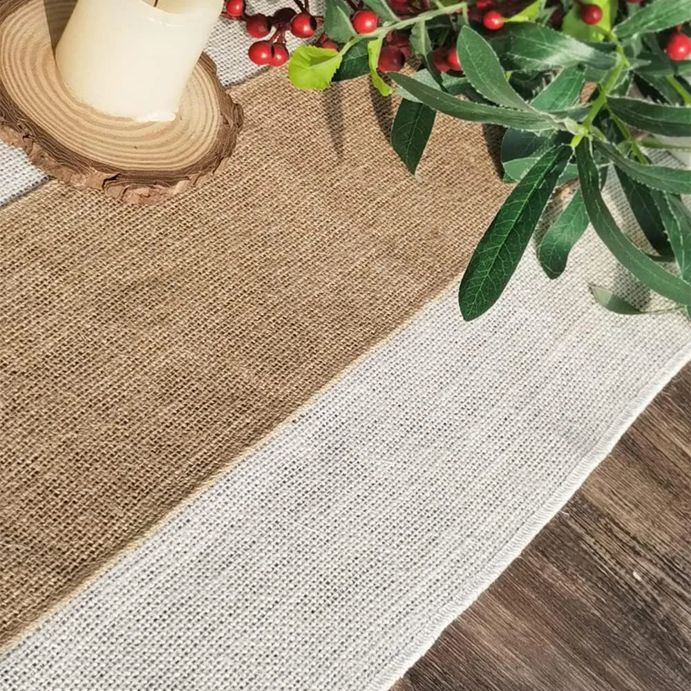 Tejesa Burlap Table Runner Long Farmhouse Table Runner Jute Runner Woven Fabric Light Colour Edge