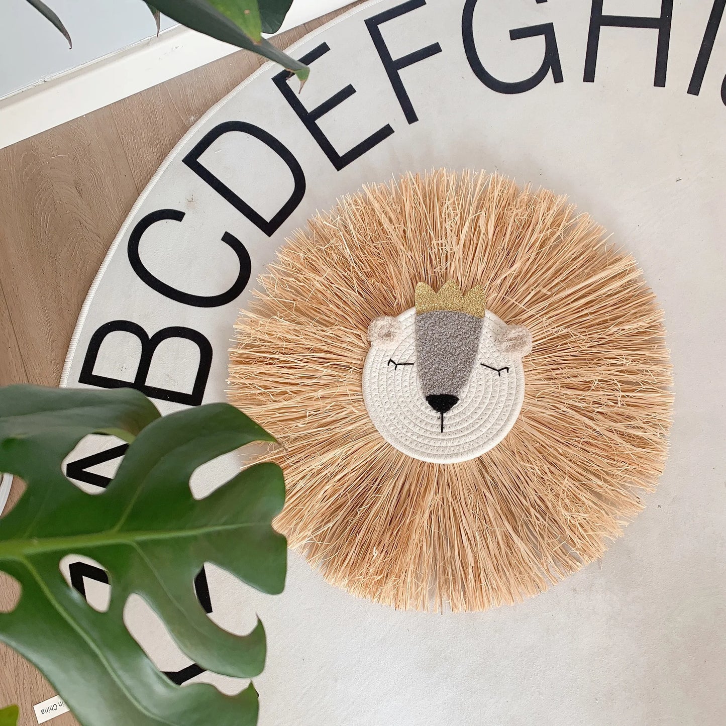 Nordic Nursery Decor Raffia Straw Bear Lion Face Wall Hanging Handmade Lion Boys Kids Room Nursery Hanging Decoration Gifts