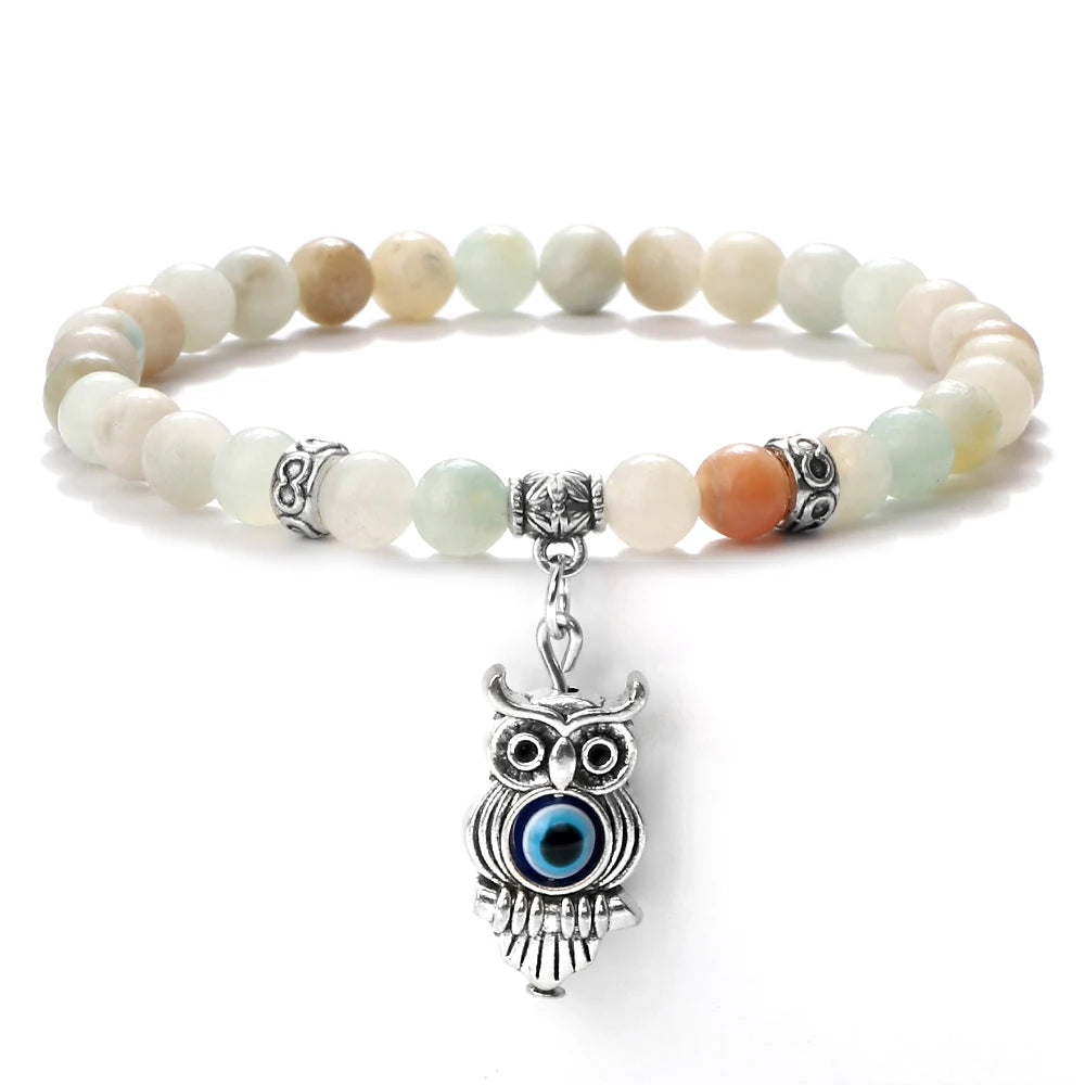 6 8mm Chakra Beads Men Bracelets Charm Owl Evil Eye Pendant Classic Tiger Eye Stone Agate Quartz Malachite Women Yoga Jewelry