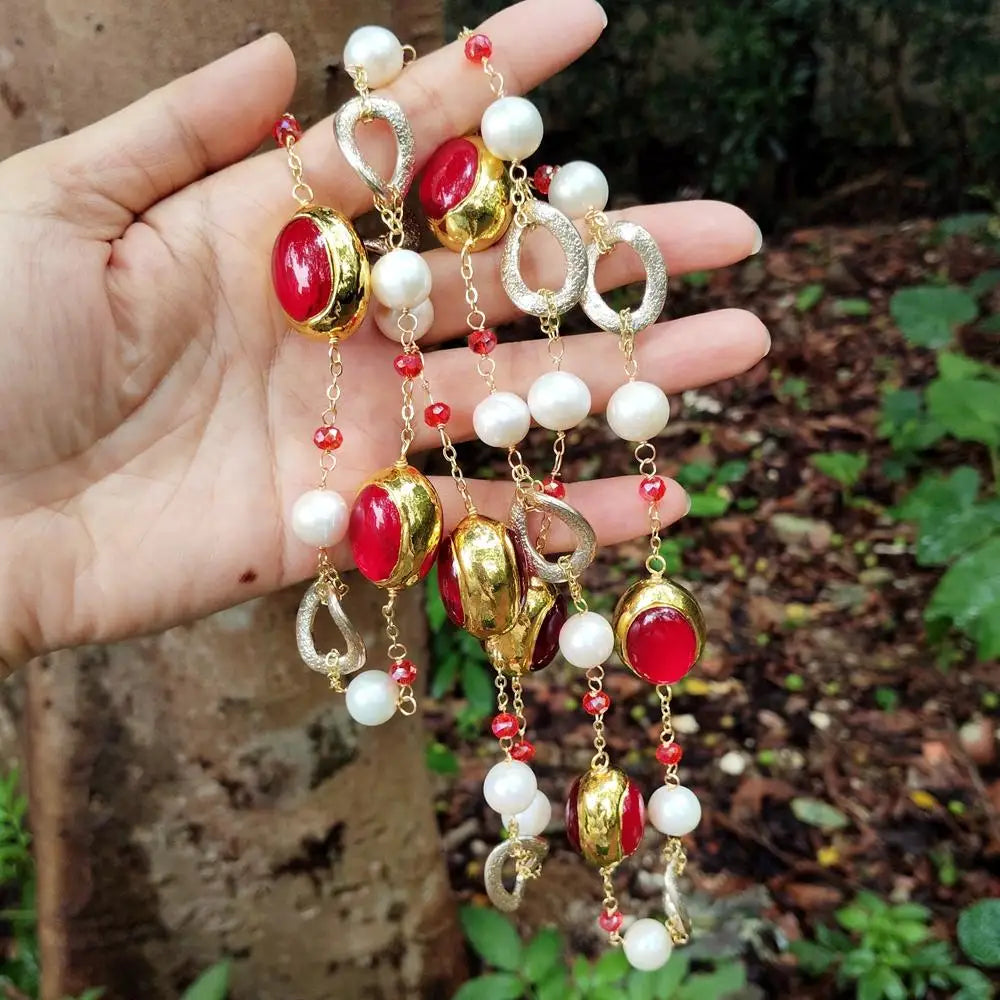 yygem 22x27mm Cultured White Pearl Red Quartz Chain Long Station Necklace Handmade