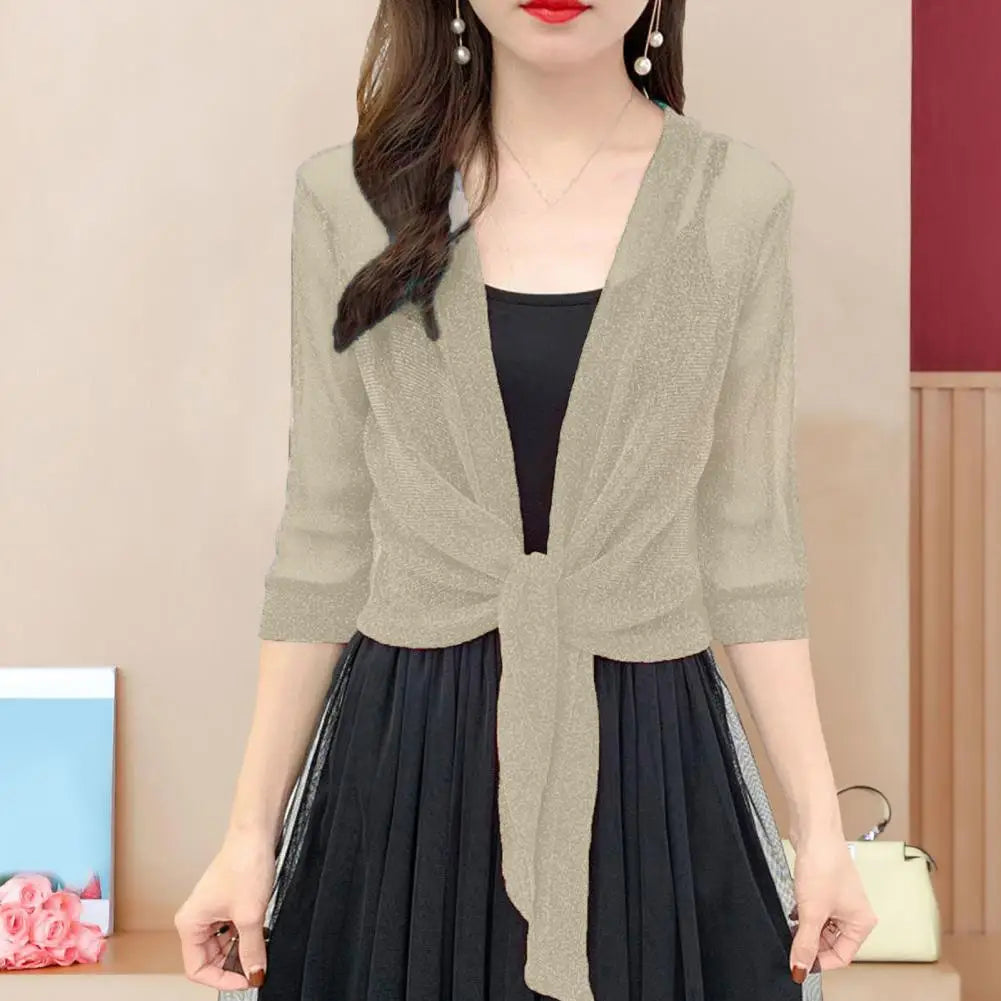 Hemasa Women Summer Cardigan V-neck  r Thin Blouse Half Sleeves Sunscreen Lace Up Top Anti-shrink Short Jacket