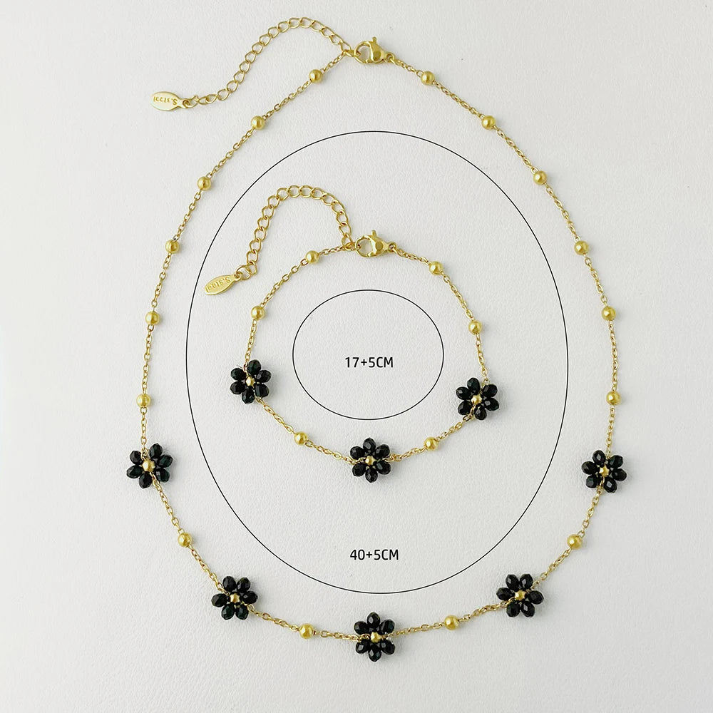 ALTERA Bohemia Handmade Black Crystal Flowers Charm Jewelry Set for Women Gold Plated Stainless Steel Beads Chain Jewelry Beach
