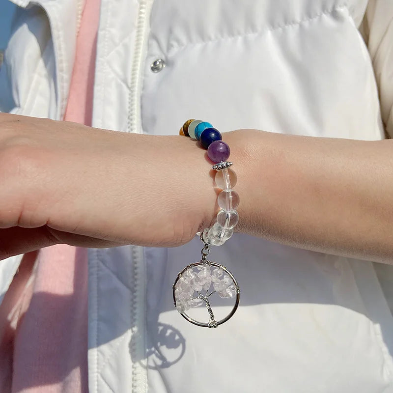 7 Chakra Tree of Life Pendant Bracelets 8mm Blue Turquoise Bead Bracelets Bangles Women Yoga Healing Jewelry Gifts Wholesale