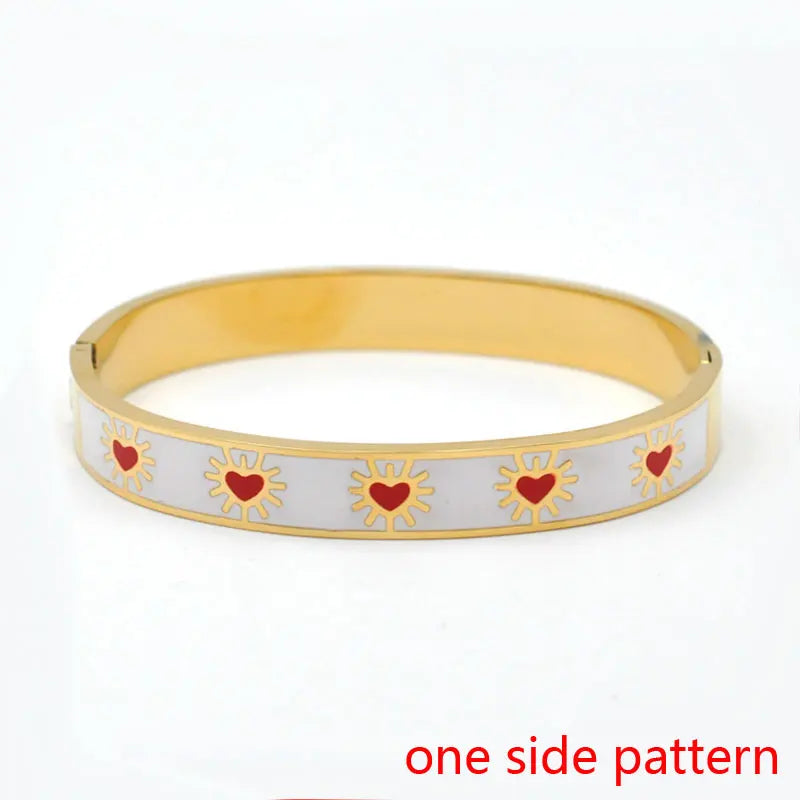 Hemasa Stainless Steel Open Bangle For Women Gold Geometric Colorful Enamel Painted Bracelet