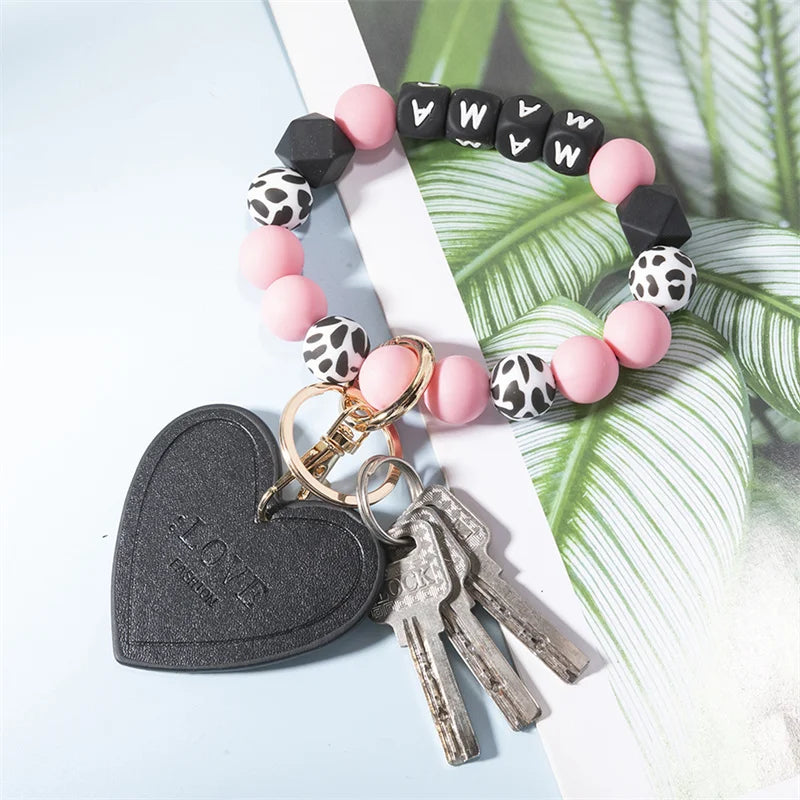 sansango New Mother's Day Gift Silicone Wood Bead Mama Keychain Monogram Love Heart Pendant Key chain For Mom Keychain Jewelry