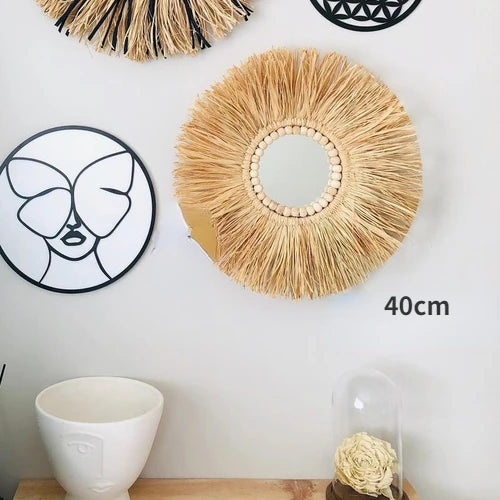 Moroccan Hemp Rope Wooden Bead Mirror Round Raffia Wall Hangings Ins Handmade Straw Decorations