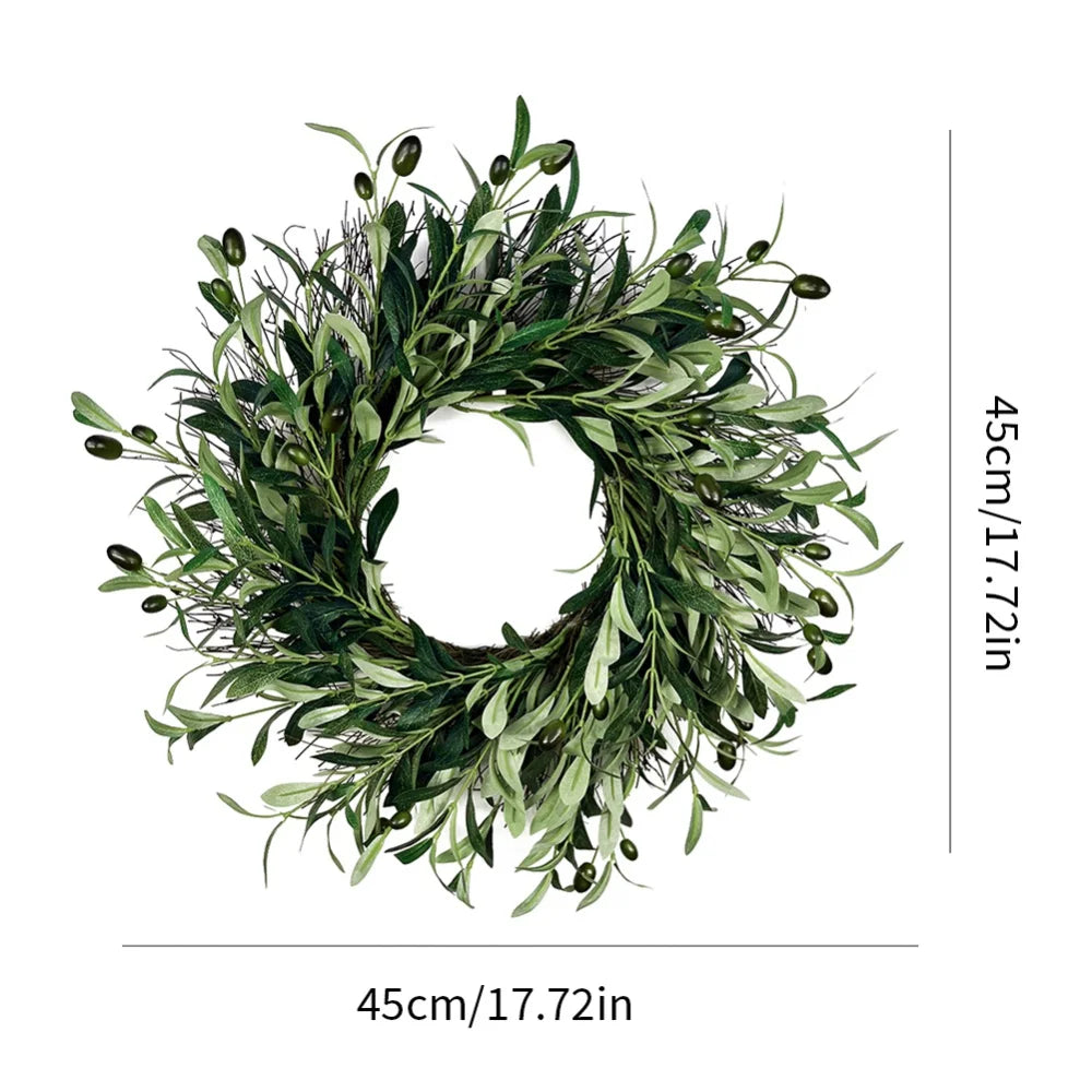 45cm Artificial Green Olive Wreath Greenery Wreath with Olive Leaves Olive Bean for Front Door Farmhouse Home Wall Window Decor