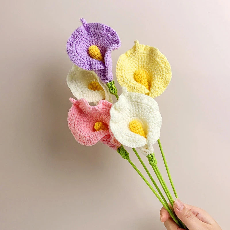 Hemasa  4Pcs Handmade Crochet Flowers Hand-knitted Calla Lily Artificial Flower Fake Flower Bouquet Wedding Decoration Home Decor