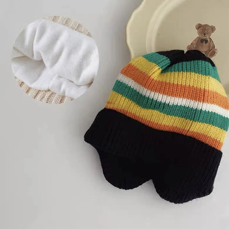 Autumn Winter Baby Hat Fashion Striped Knitted Hats for Boys Girls Toddler Infant Pullover Cap Ear Protection Kids Accessories
