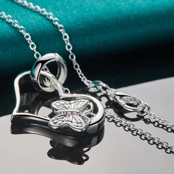 Hemasa 925 Sterling Silver Butterfly Heart Pendant Necklace 18 Inch Chain For Woman Fashion Wedding Engagement Charm Jewelry