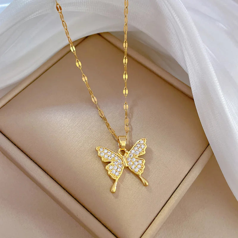 OIMG 316L Stainless Steel Gold Plated Charm Rhinestone Butterfly Pendant Neckalce For Women Girls Wedding Party Elegant Jewelry