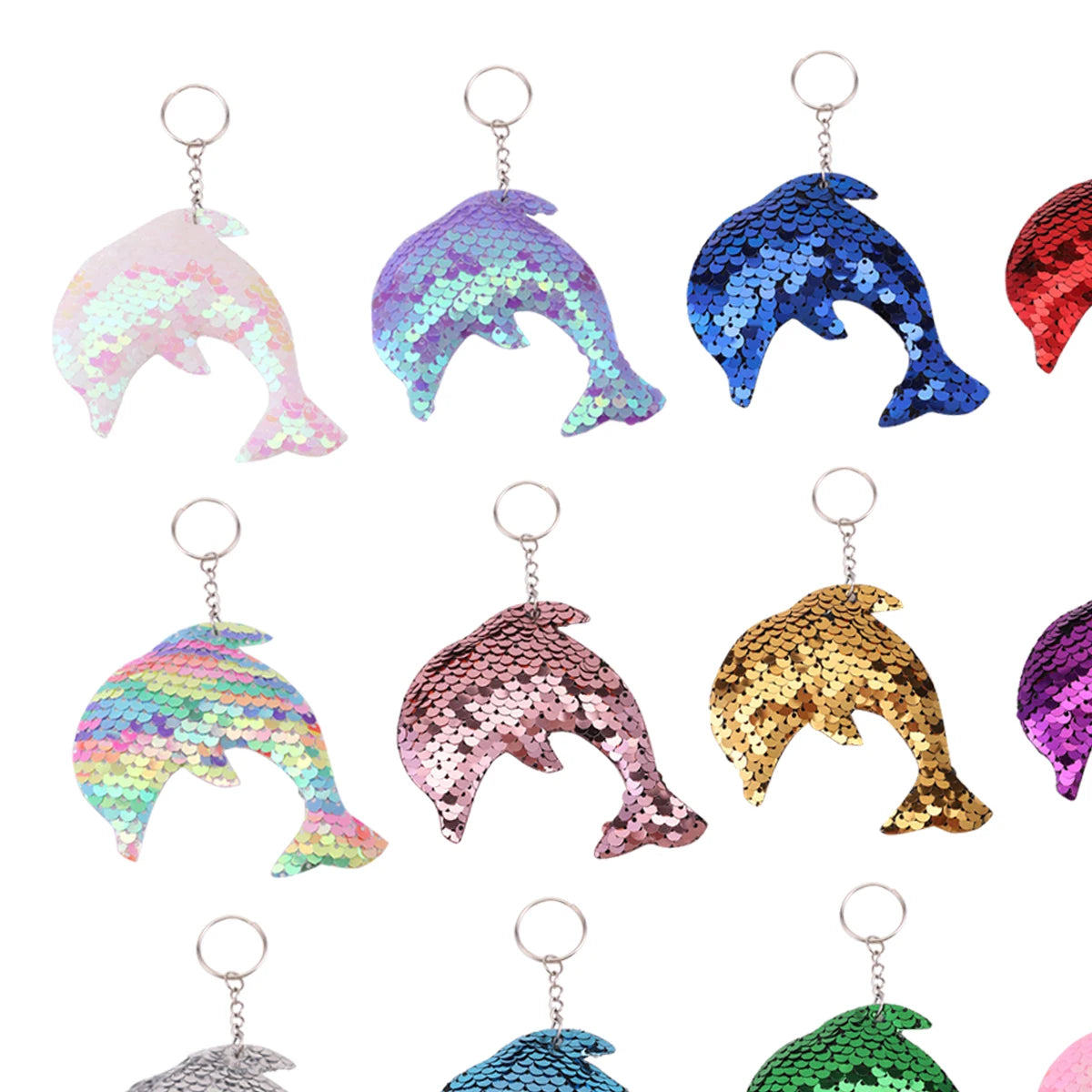 12pcs Flip Sequin Dolphin Keychains, Sparkling Key Rings For Boys & Girls, Decoration Wallet Bag Backpack Charms Party Favors