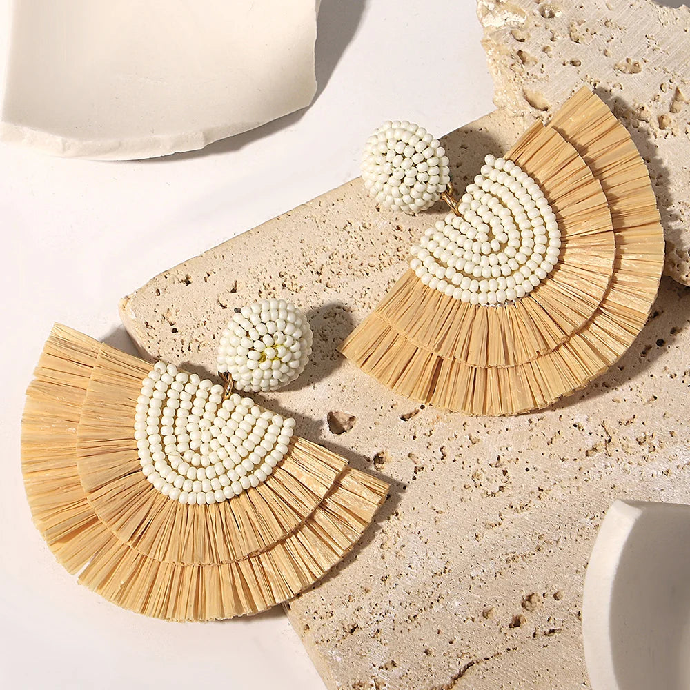 AENSOA Handmade Seed Beaded Raffia Fan Drop Earrings for Women Bohemian Rattan Knit Large Earrings Summer Holiday Jewelry Gifts