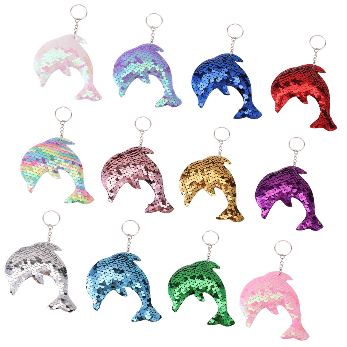 Hemasa 12pcs Flip Sequin Dolphin Keychains, Sparkling Key Rings For Boys & Girls, Decoration Wallet Bag Backpack Charms Party Favors
