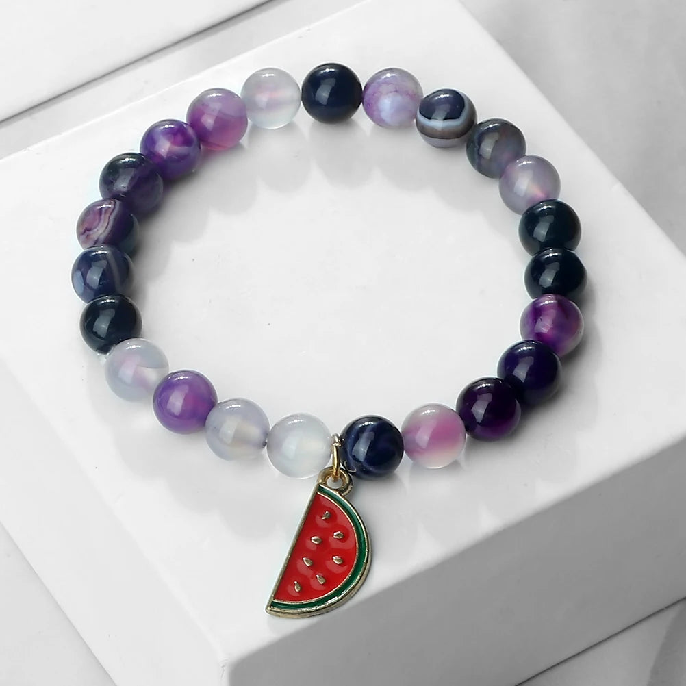 Trendy Watermelon Couple Beaded Bracelet Natural 8mm Lava Stone Agate Fruit Bangle For Women Men Healing Elastic Pulsera Jewelry