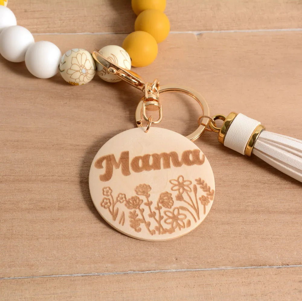 Hemasa Silicone Beads Mama Wood Disc Wristlet Keychain for Mother Day
