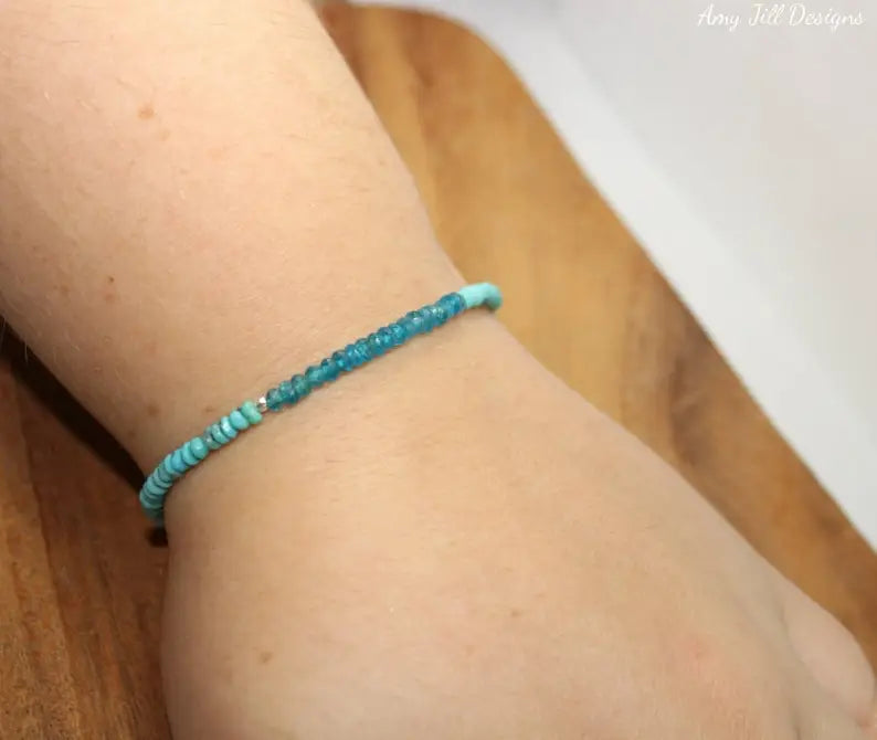 Sleeping Beauty Turquoise & Neon Apatite Bracelet, Hill Tribe Silver Beads, Sleeping Beauty Turquoise Jewelry