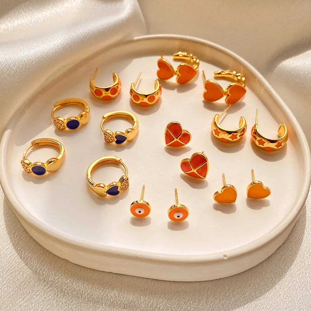 Hemasa Vintage Drip Oil Series Stud Earrings for Women Fashion Orange Peach Heart Irregular Water Drop Ear rings