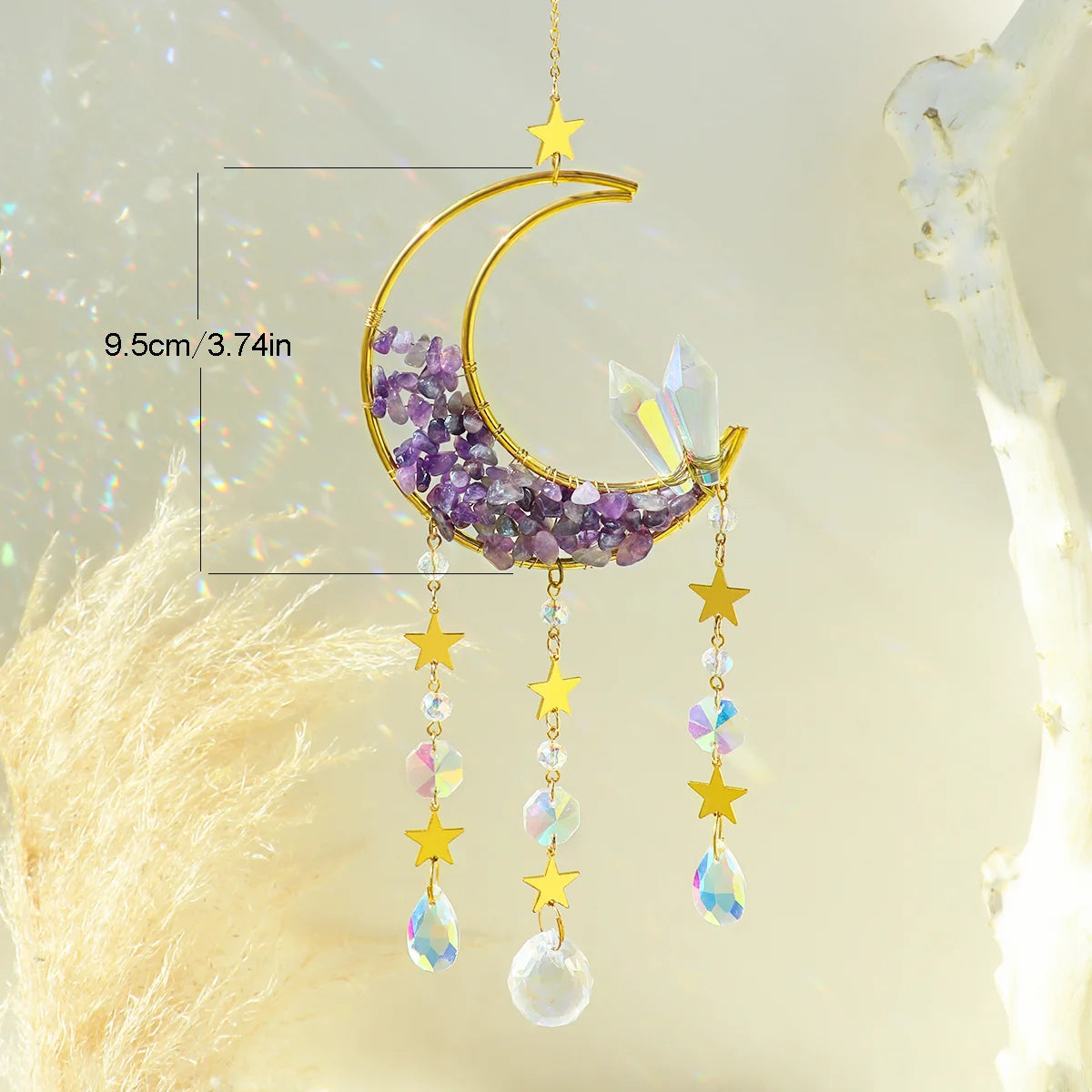 Hemasa Suncatcher Crystal Moon Star Hanging Ornament Healing Crystals Rainbow Maker for Garden Outdoor Decoration