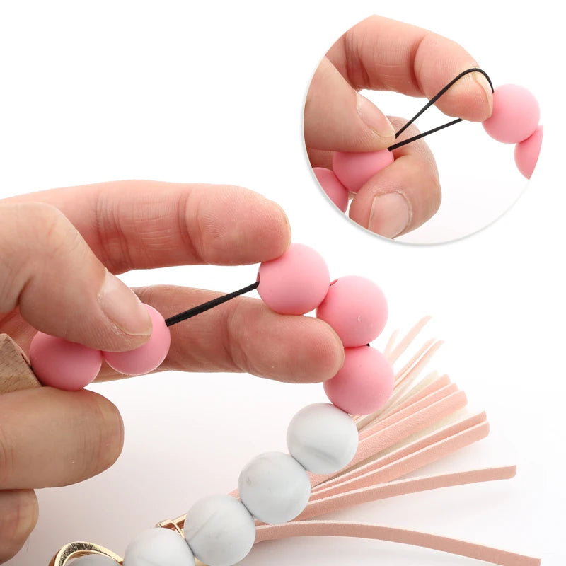 Silicone Beads Elastic Bangle Bracelet Keychain Women's bracelet gift Leather Tassel Silicone Beads Bracelet Wristlet Keychain